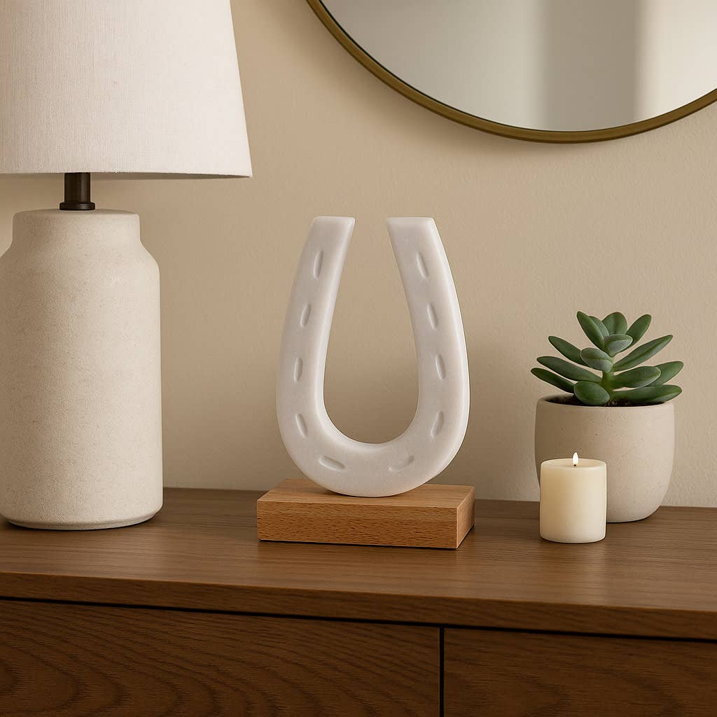 White and Brown Marble Horseshoe Figurine on Wood Base, 8 in.