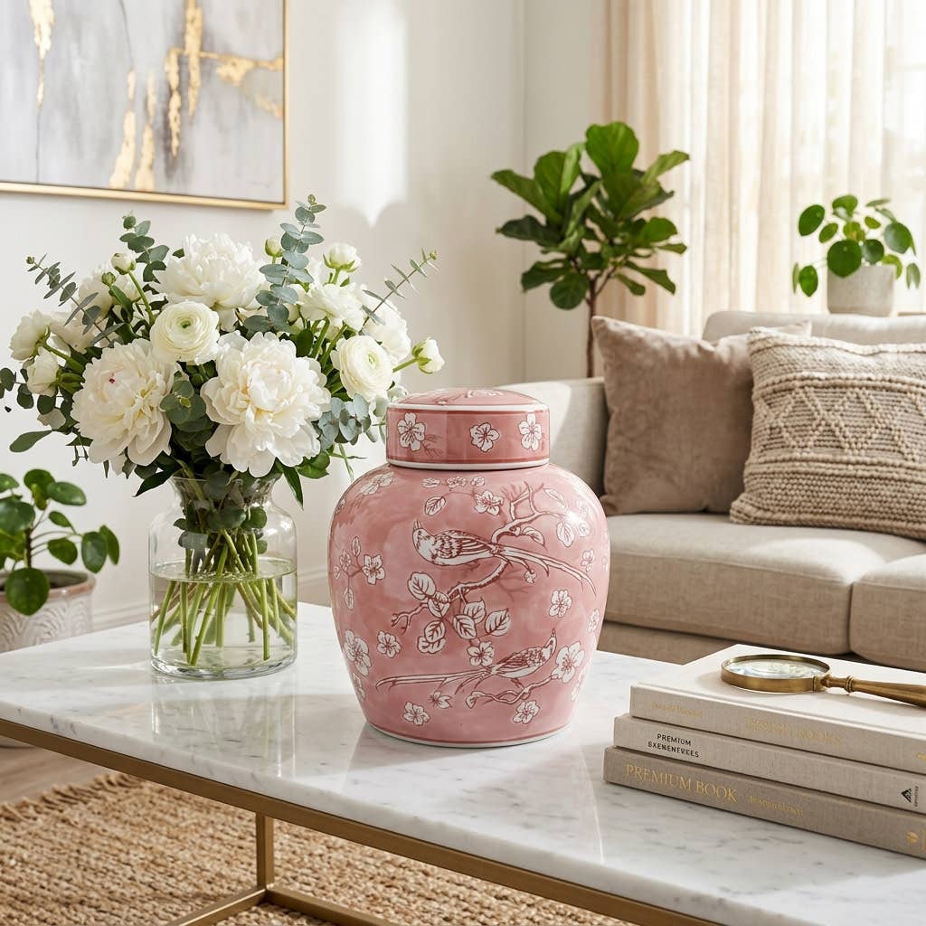 Decorative Jar - Pink Ceramic Chinoiserie with Lid, 10 in.