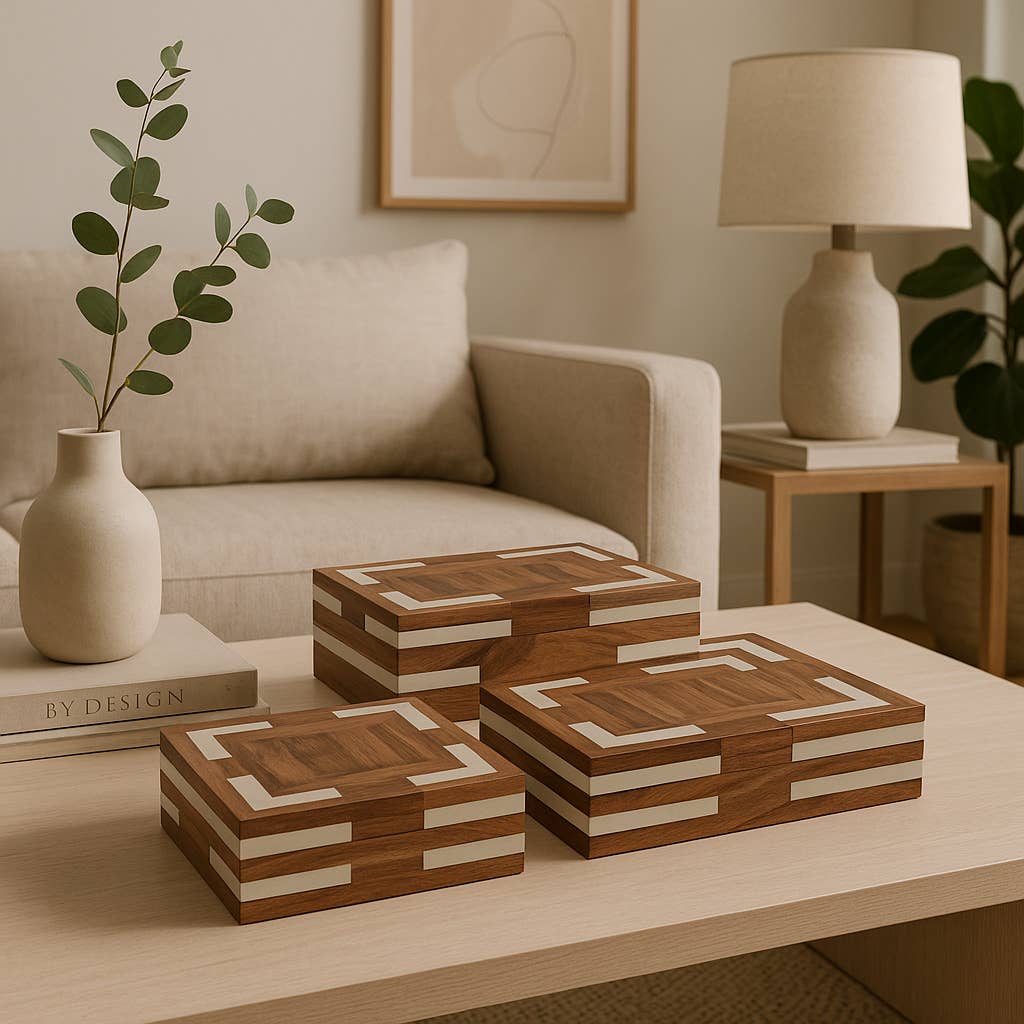Decorative Boxes Set of 3 - Ivory Wooden Inlay, 10/11/12 in.