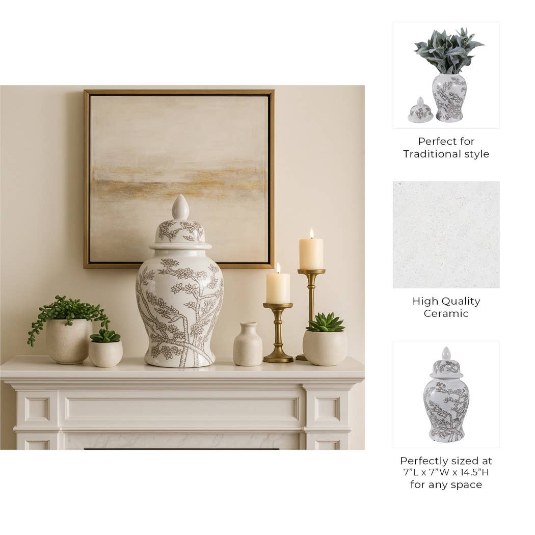 Temple Jar - White/Brown Ceramic Cherry Blossom, 15 in.
