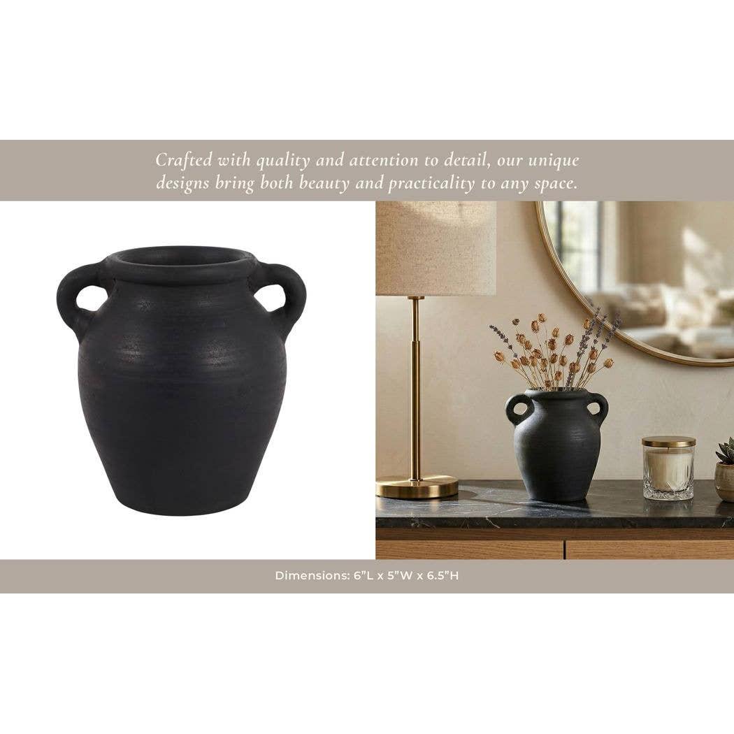 Decorative Vase - Black Terracotta Bud with Handles, 6 in.