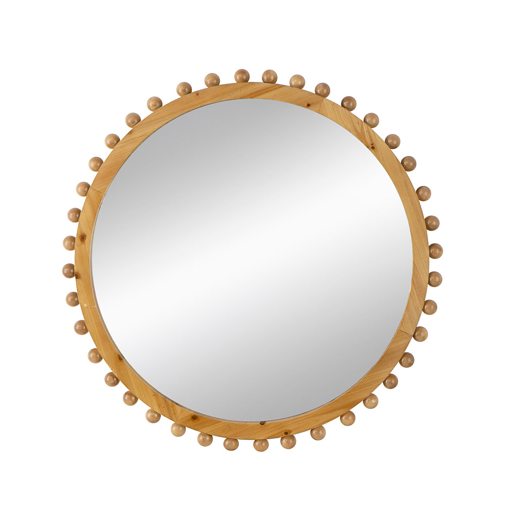 Round Brown Wooden Mirror with Spherical Bead Design