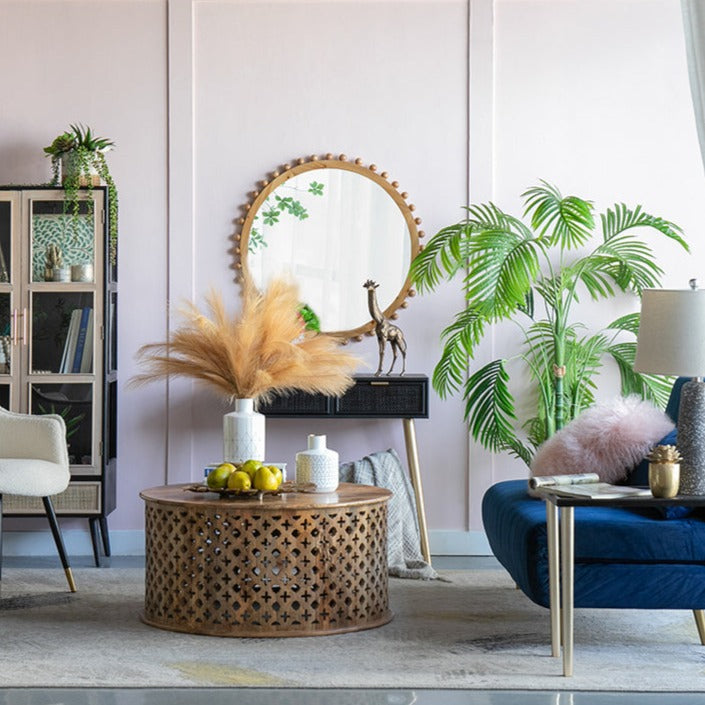 Round Brown Wooden Mirror with Spherical Bead Design