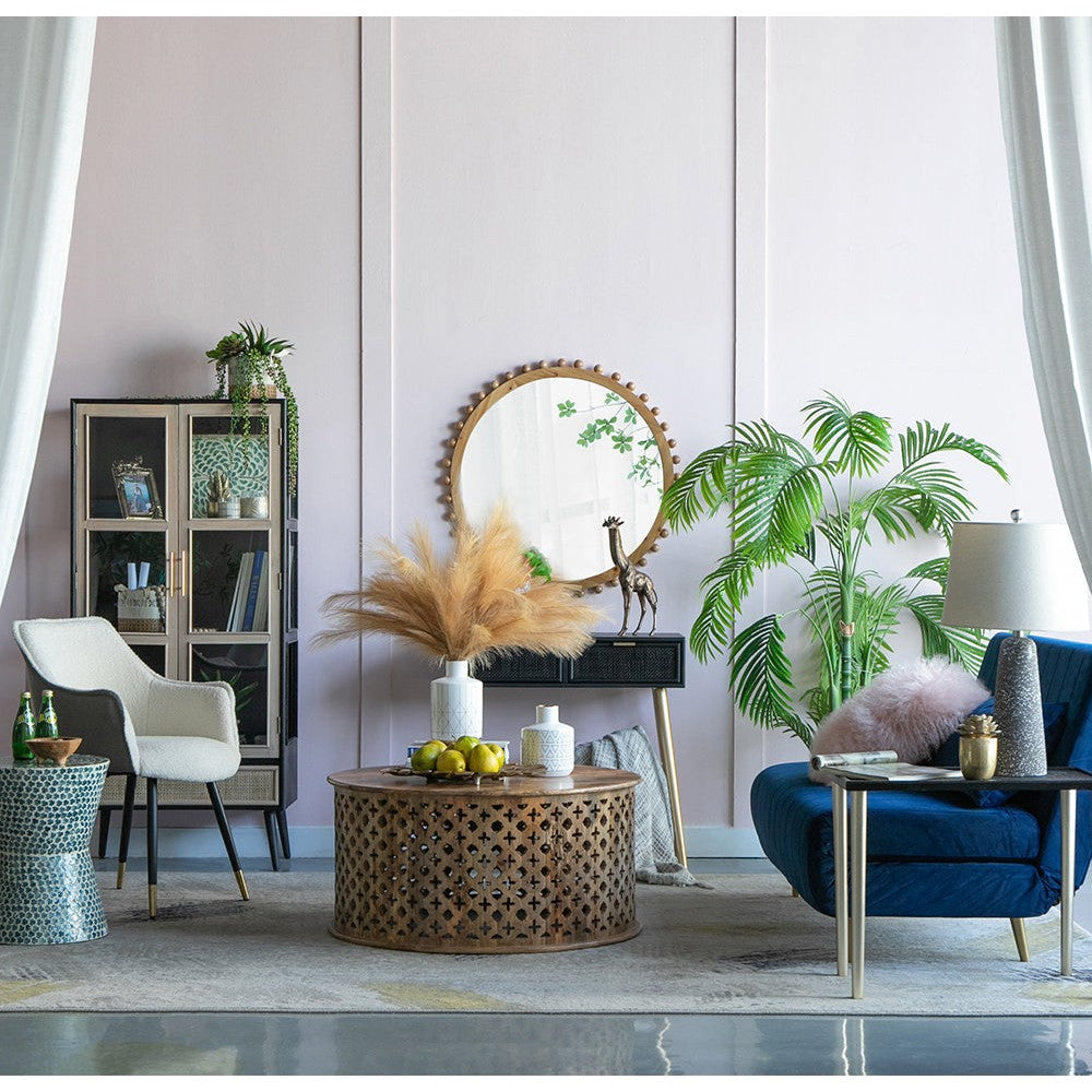 Round Brown Wooden Mirror with Spherical Bead Design
