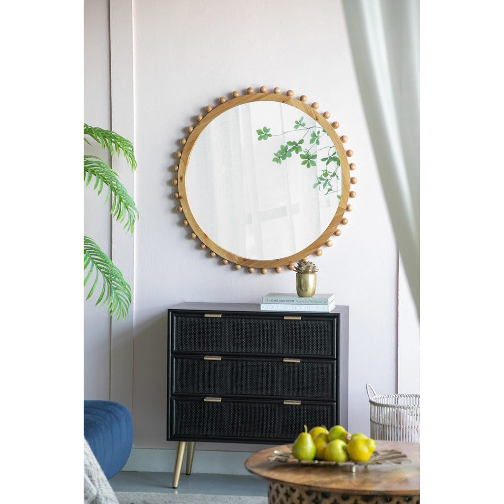 Round Brown Wooden Mirror with Spherical Bead Design