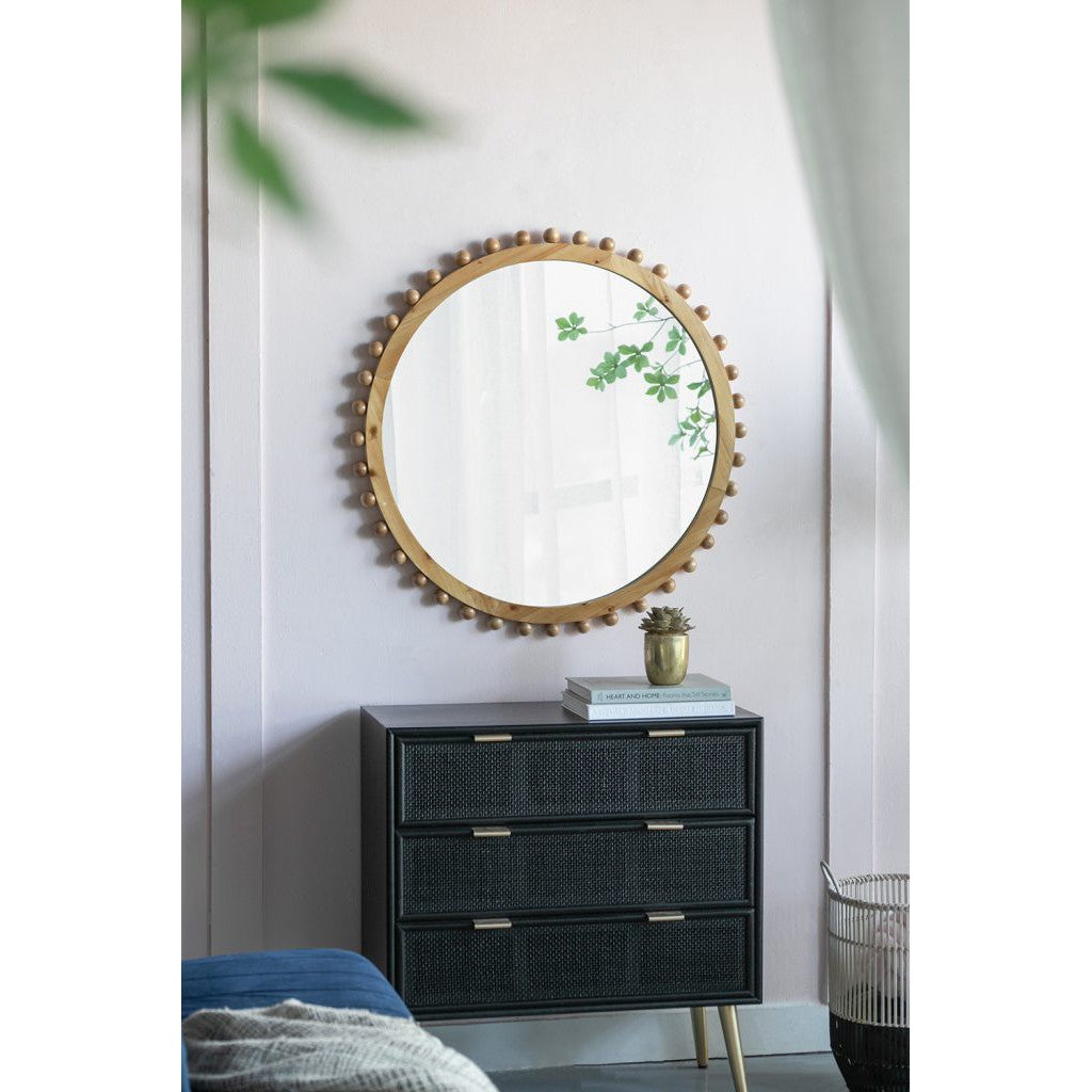 Round Brown Wooden Mirror with Spherical Bead Design