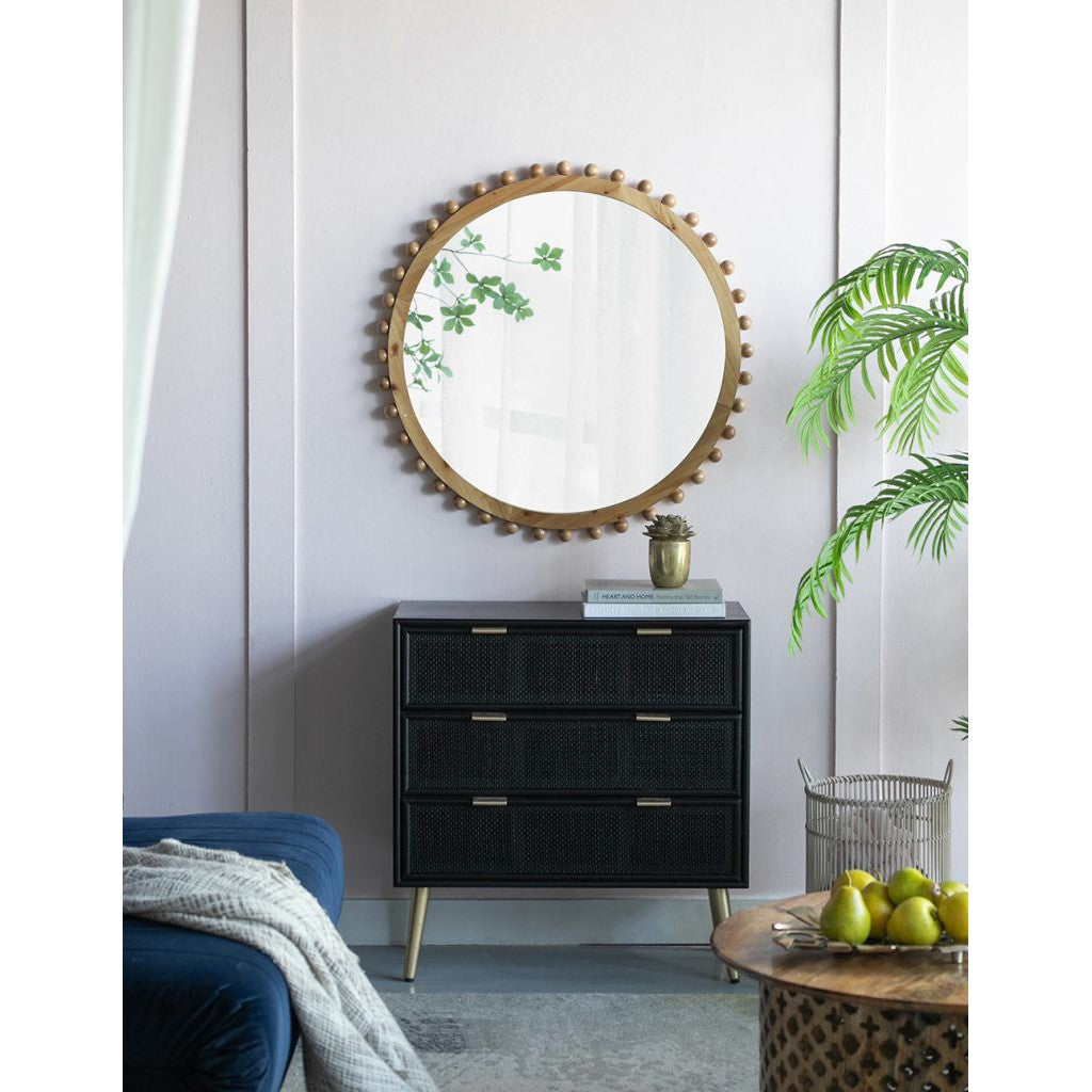 Round Brown Wooden Mirror with Spherical Bead Design