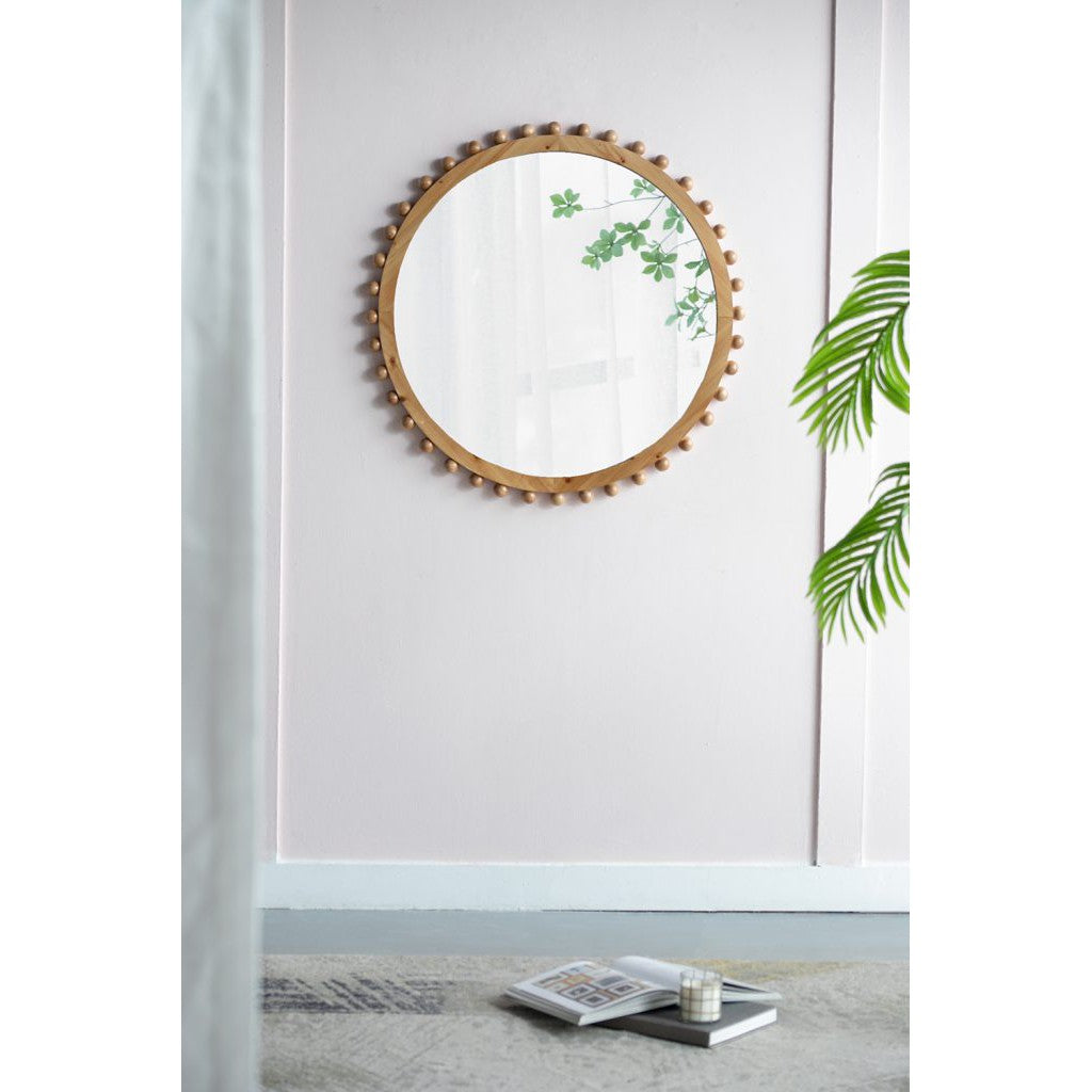 Round Brown Wooden Mirror with Spherical Bead Design