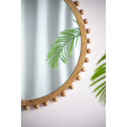 Round Brown Wooden Mirror with Spherical Bead Design
