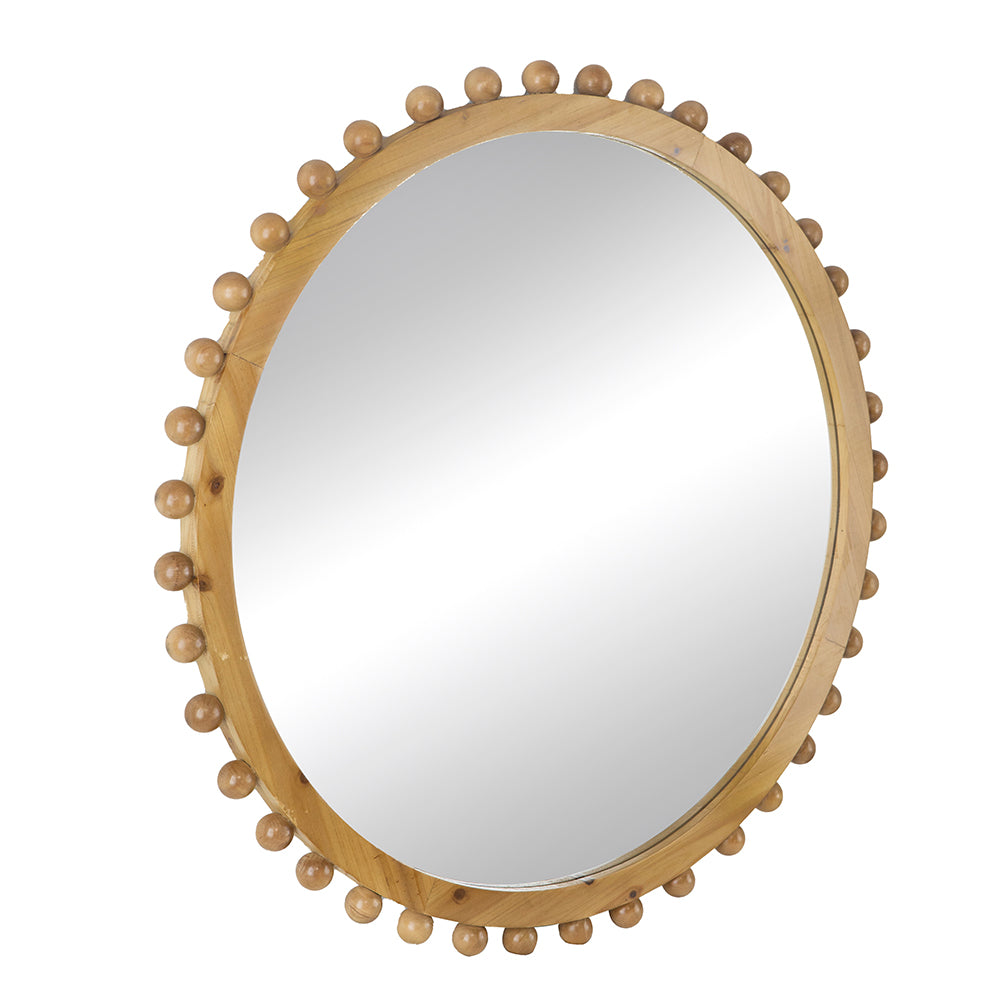 Round Brown Wooden Mirror with Spherical Bead Design