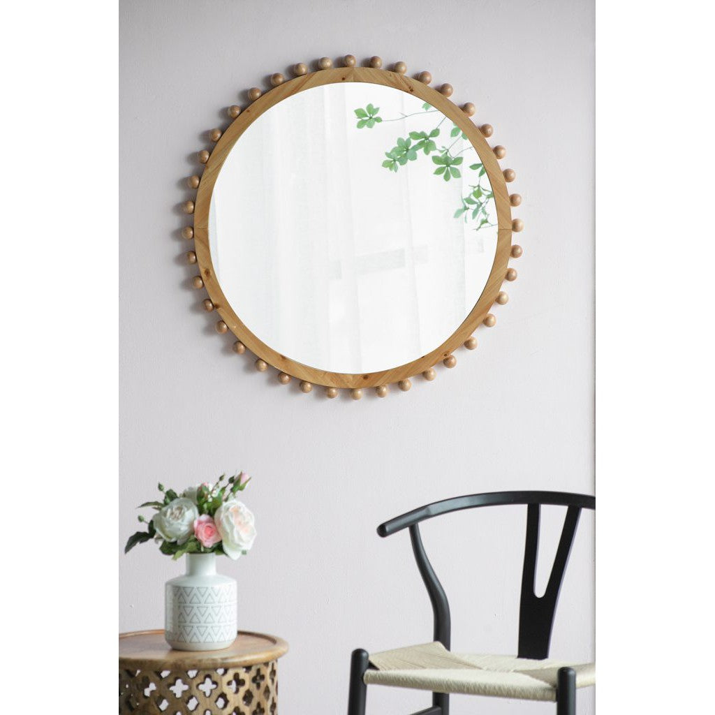 Round Brown Wooden Mirror with Spherical Bead Design