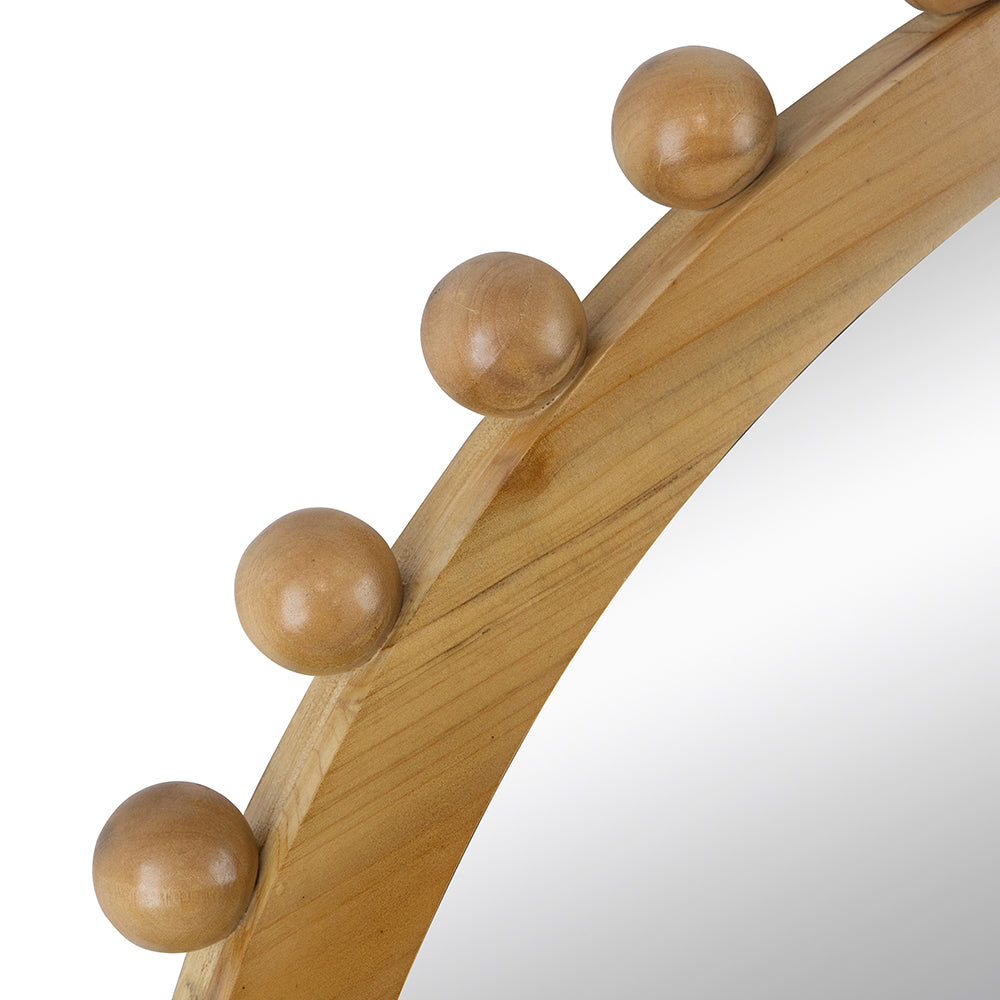 Round Brown Wooden Mirror with Spherical Bead Design