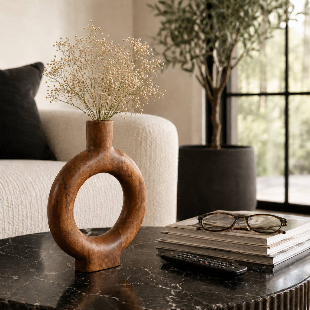 Decorative Vase - Brown Wood Circular Donut Cut-Out, 12 in.