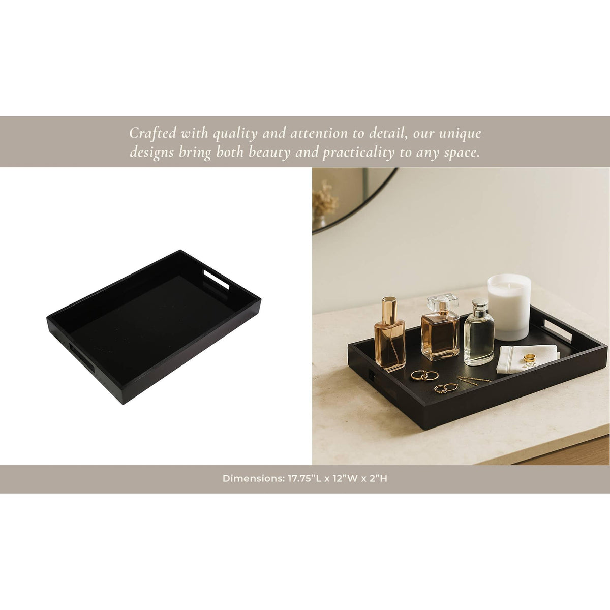 Decorative Tray - Black Wood/Glass Modern Solid, 18 in.