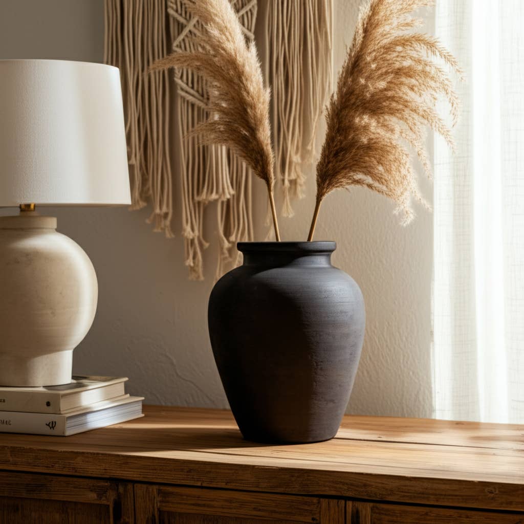 Ceramic Traditional Round Jug Vase - Black, 10 in.