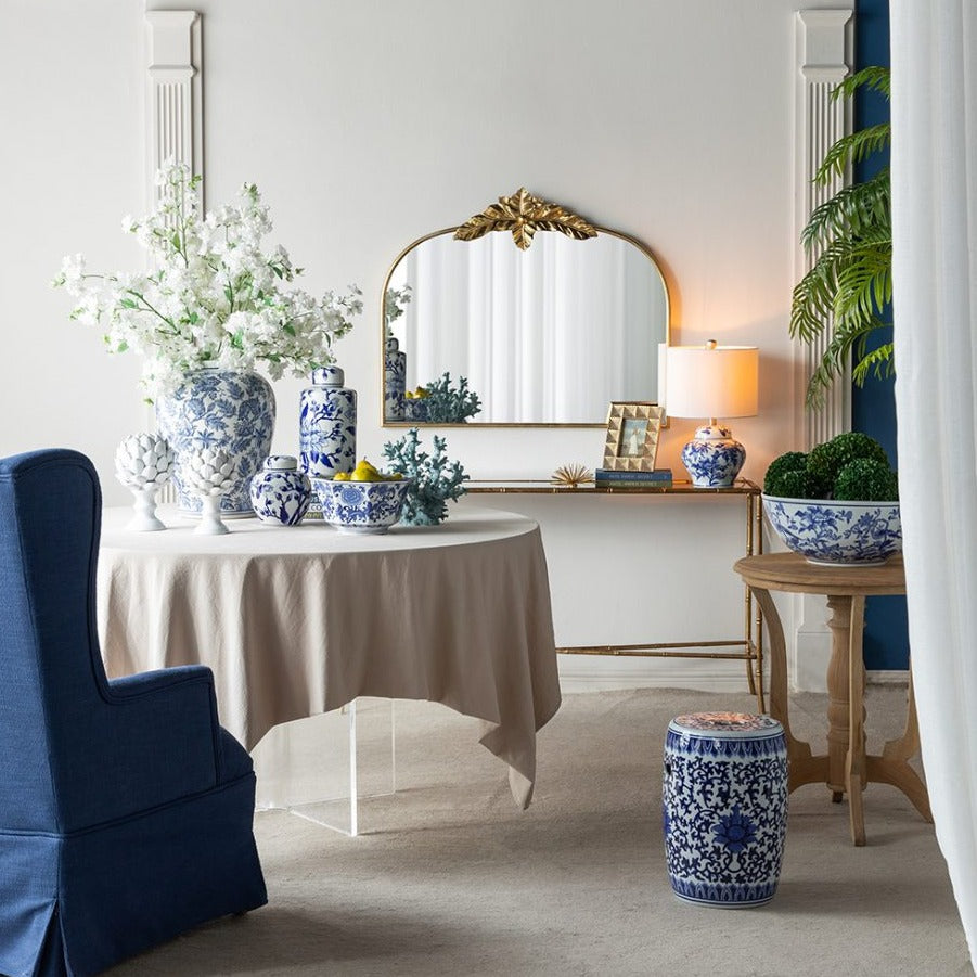 Gold Arched Wall Mirror with Leaf Accents