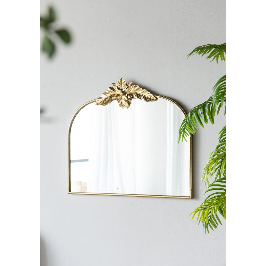 Gold Arched Wall Mirror with Leaf Accents
