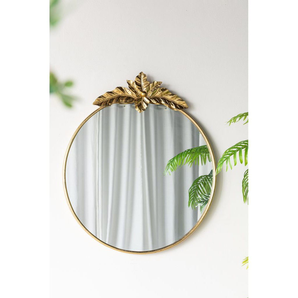Gold Oval Wall Mirror with Leaf Accents