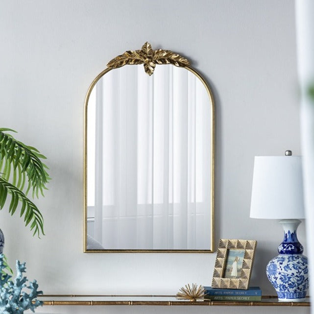 Large Gold Arch Mirror with Leaf Accents