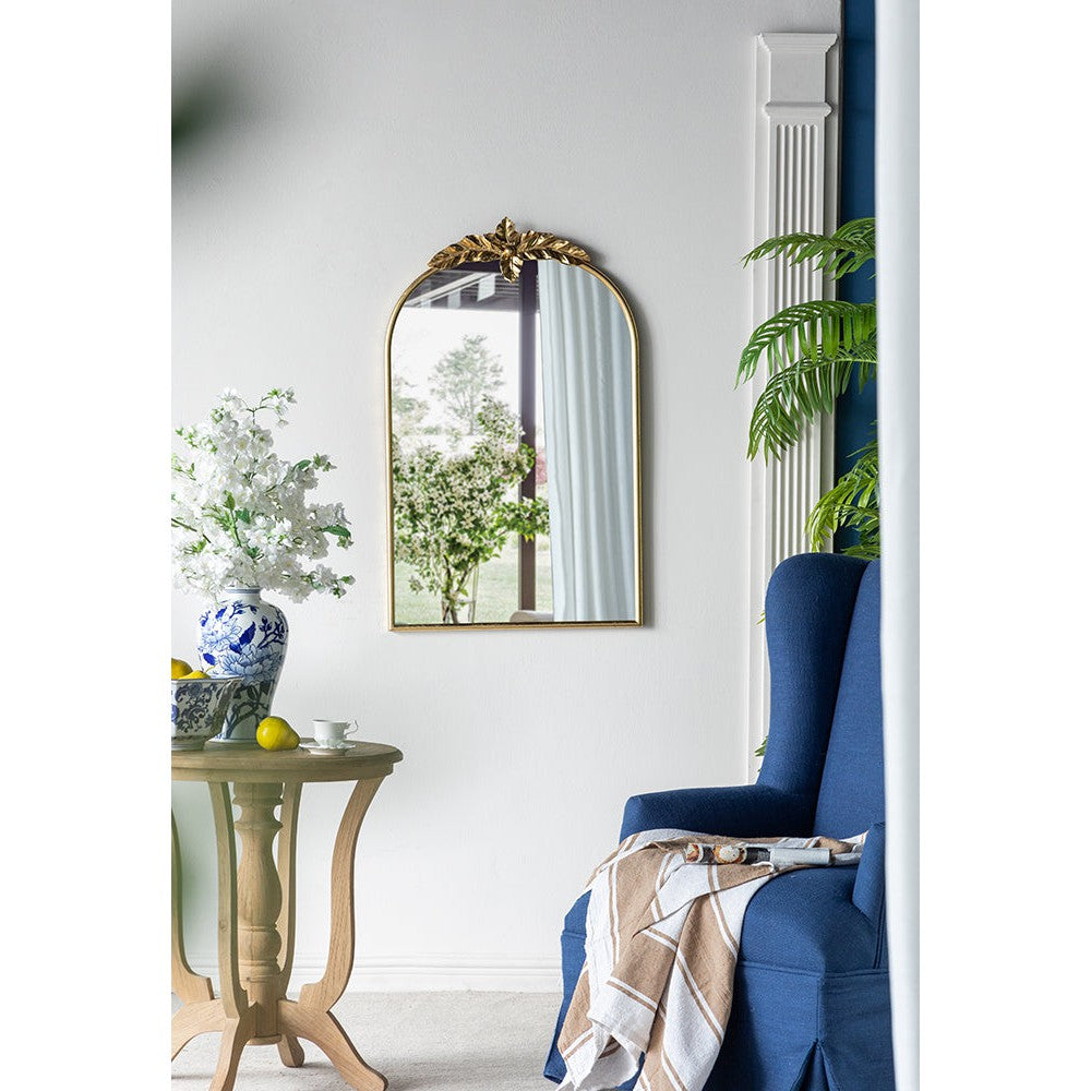 Large Gold Arch Mirror with Leaf Accents