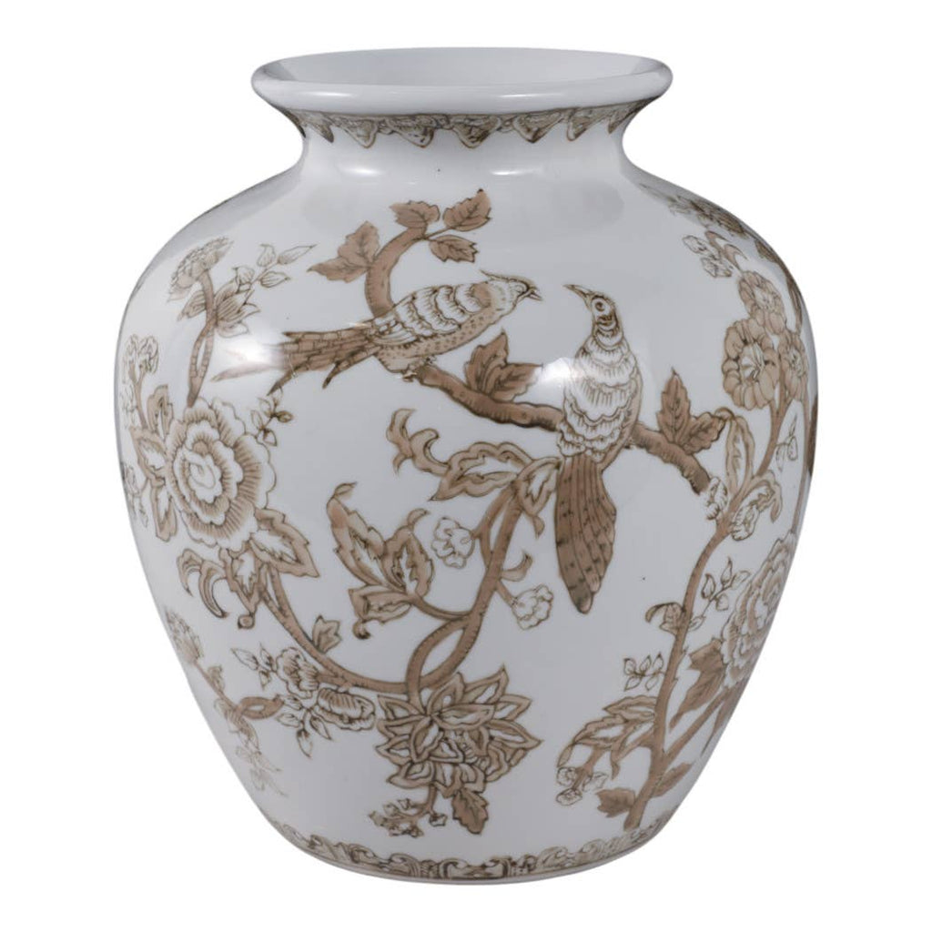 Decorative Vase - Brown/White Ceramic Bird and Vines, 10 in.
