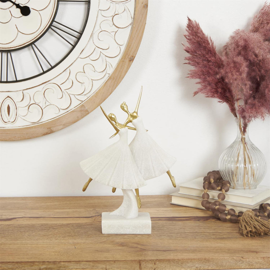 Cream Polystone Dancer Ballet Sculpture With Gold Accents