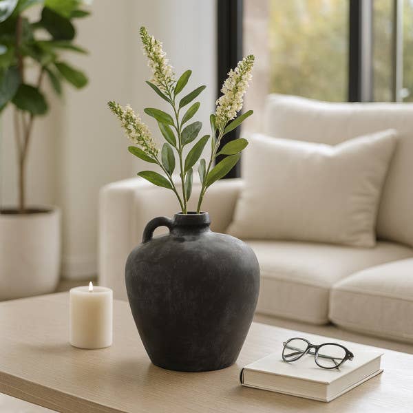 Decorative Vase - Black Weathered Terracotta Jug Handle, 10 in.