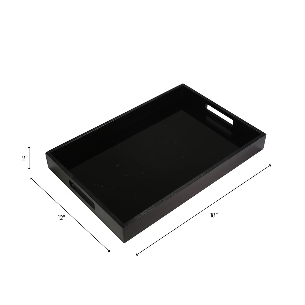 Decorative Tray - Black Wood/Glass Modern Solid, 18 in.