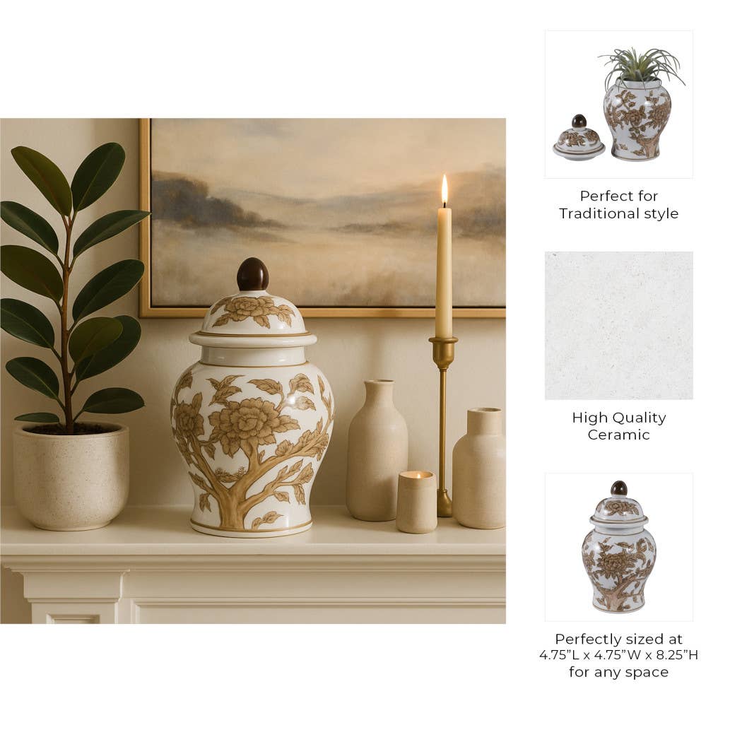 Decorative Vase - Brown & White Ceramic Jar with Lid, 8 in.