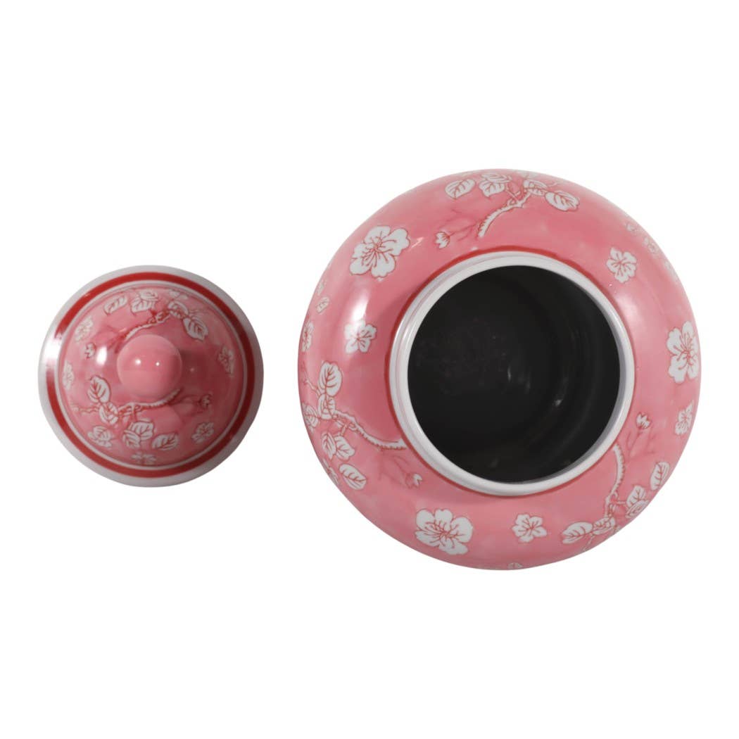 Decorative Jar - Pink/White Ceramic Floral Chinoiserie, 14 in.
