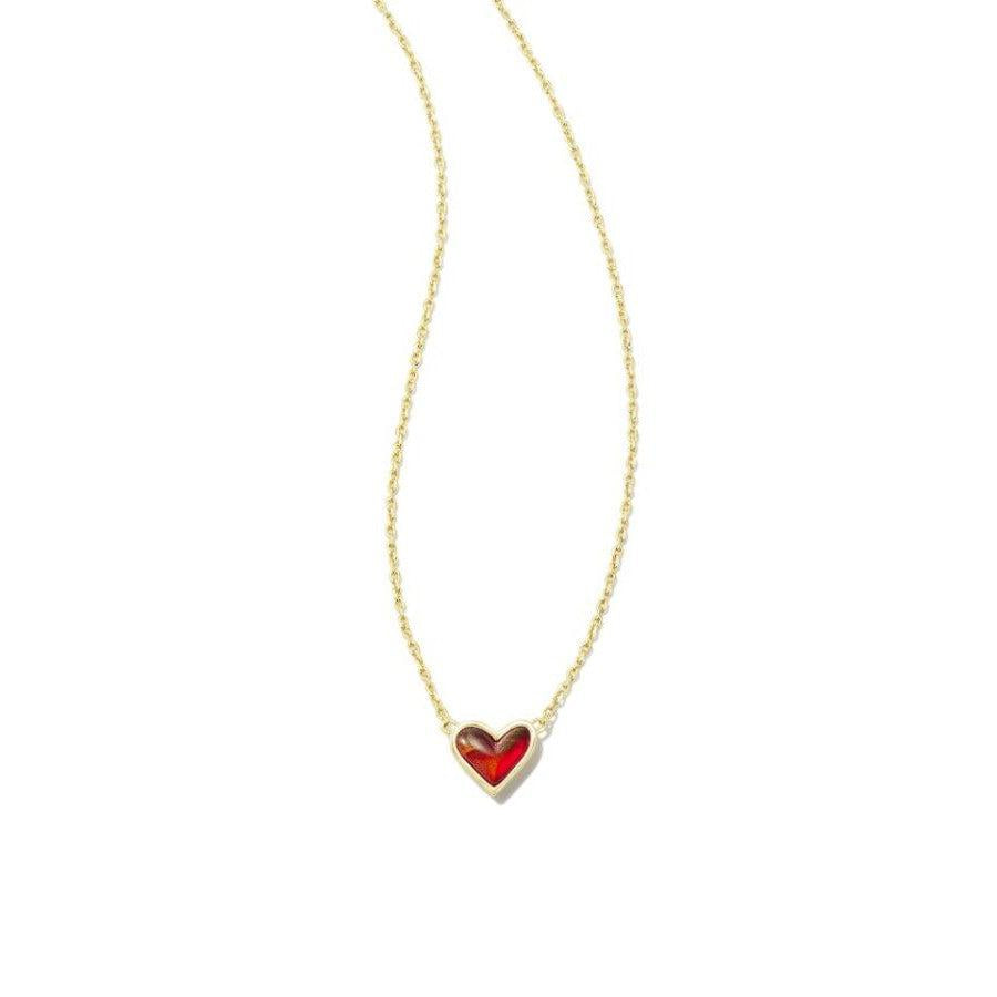 Kendra Scott Gold Red Opalescent Resin Framed Ari Heart Short Pendant Necklace