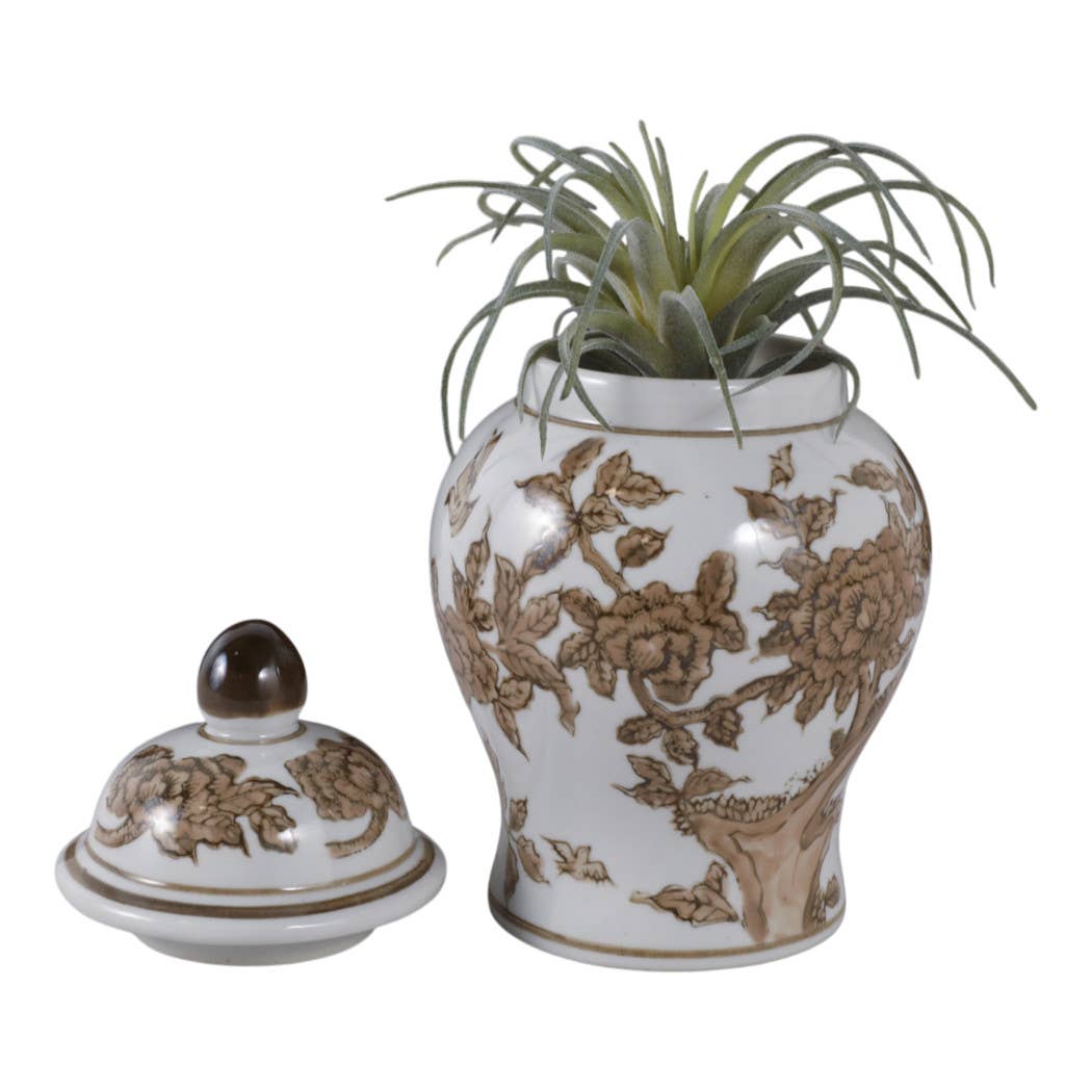 Decorative Vase - Brown & White Ceramic Jar with Lid, 8 in.