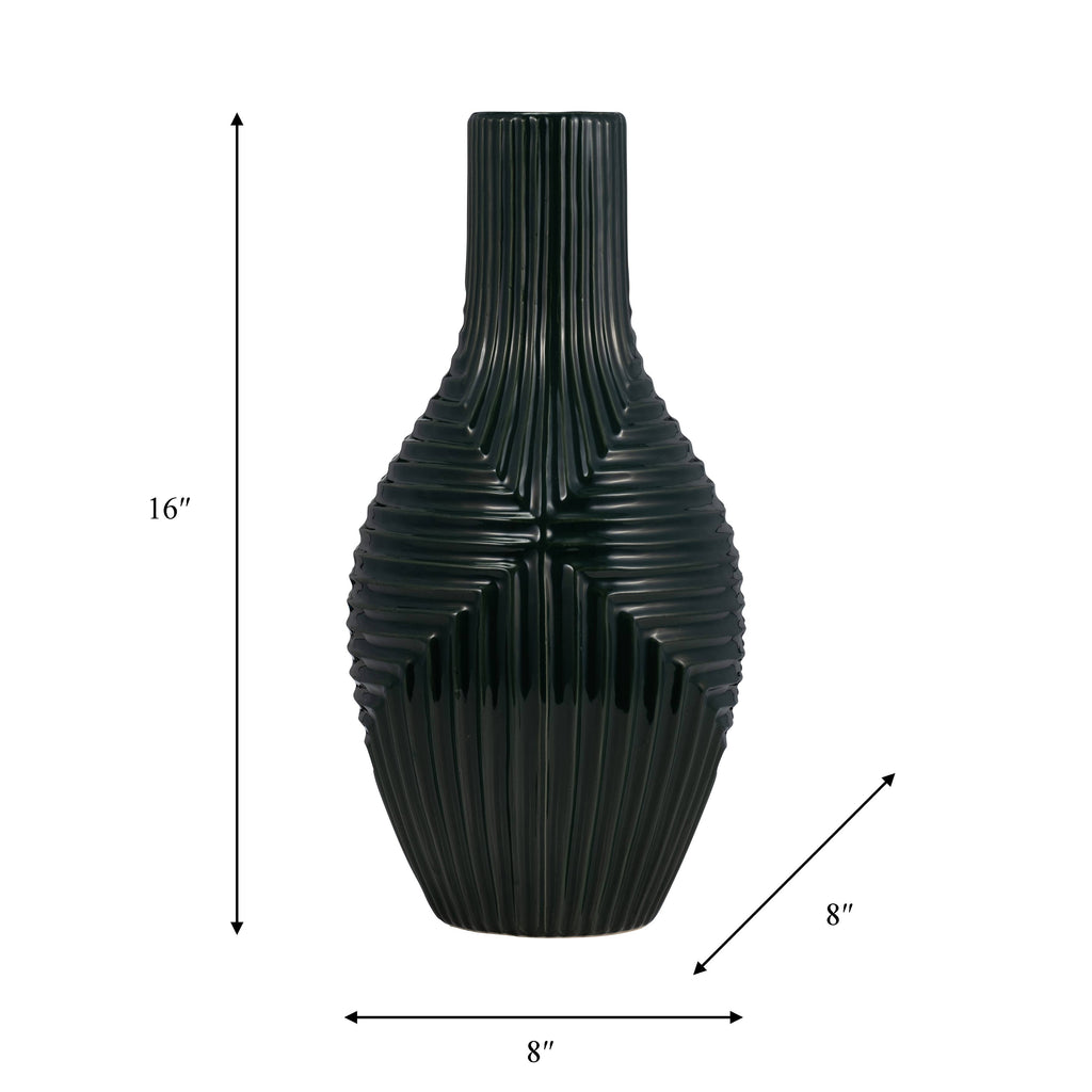 Forest Green Tribal Ribbed Ceramic Vase, 16 in.