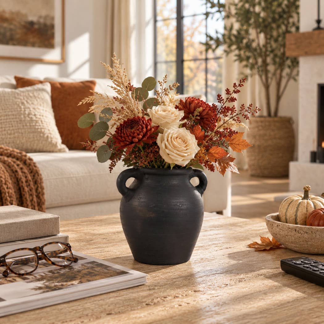 Decorative Vase - Black Terracotta Bud with Handles, 6 in.