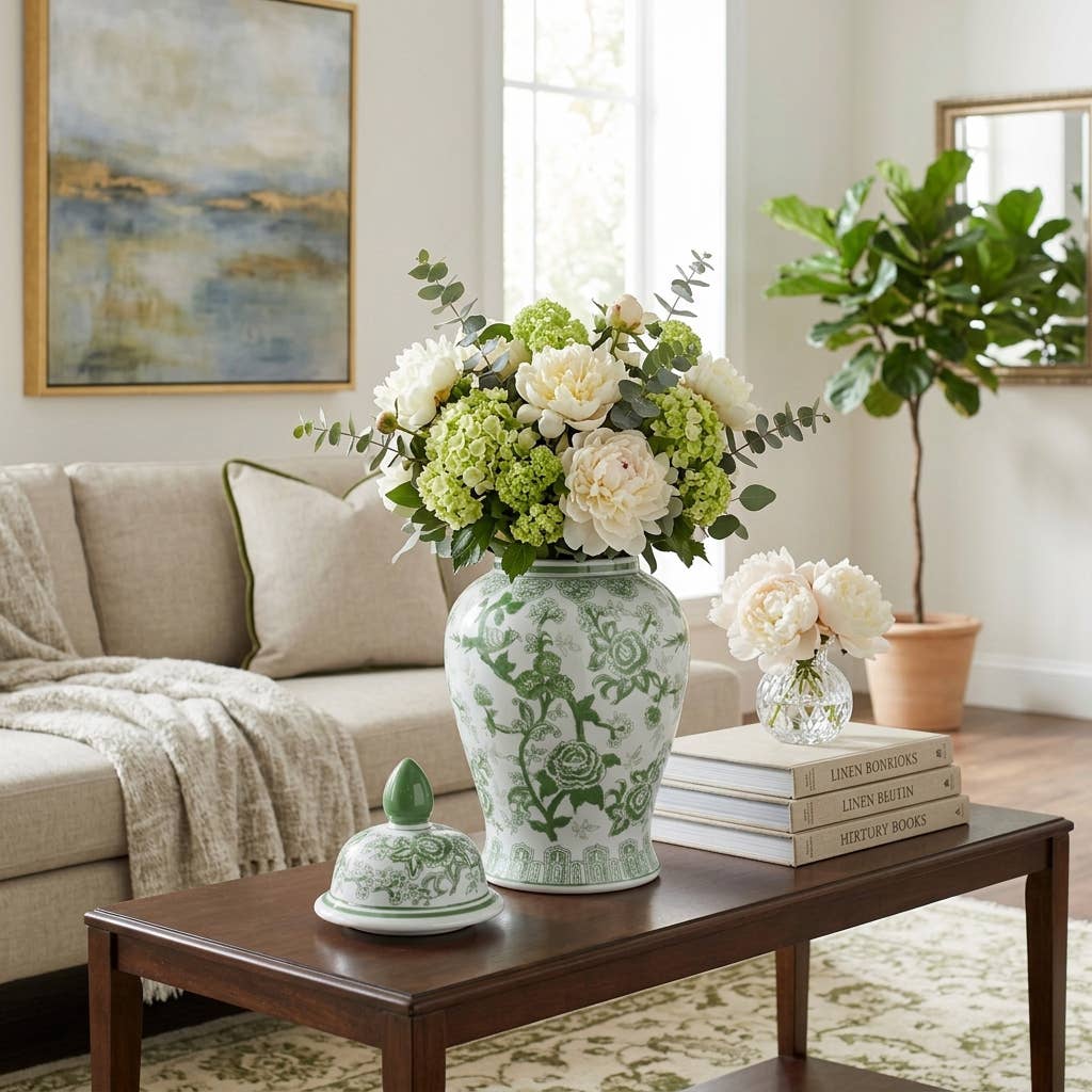 Green Tall Bird and Flower Ceramic Jar, 18 in.