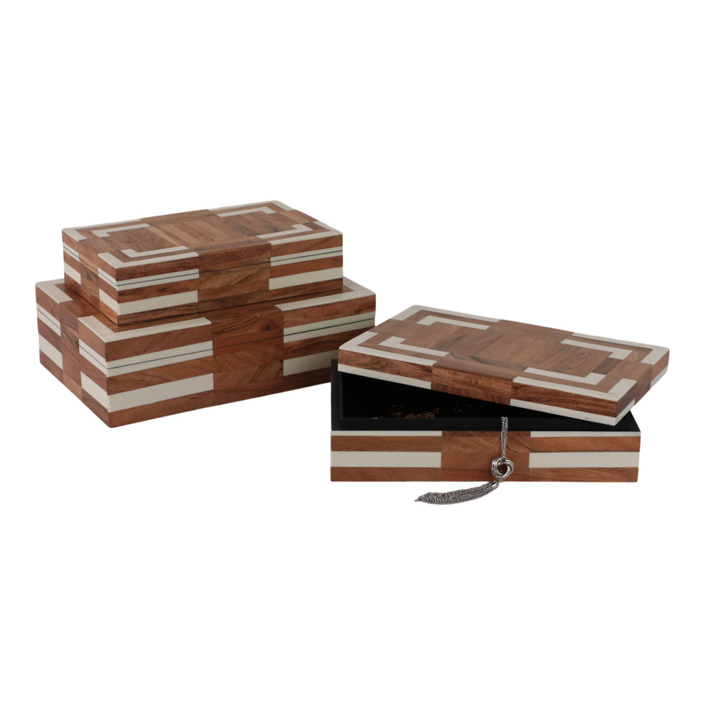 Decorative Boxes Set of 3 - Ivory Wooden Inlay, 10/11/12 in.
