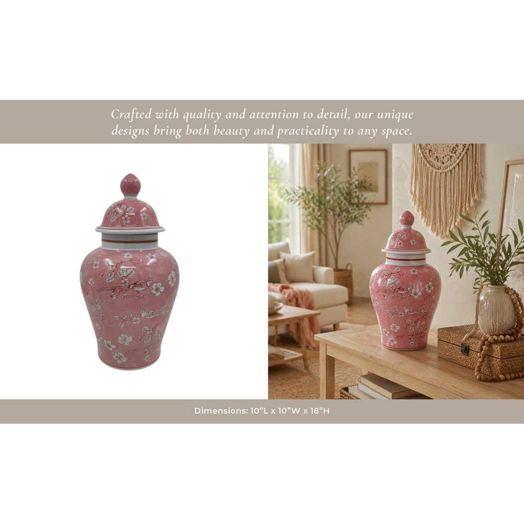 Decorative Jar - Pink/White Ceramic Floral Chinoiserie, 18 in.