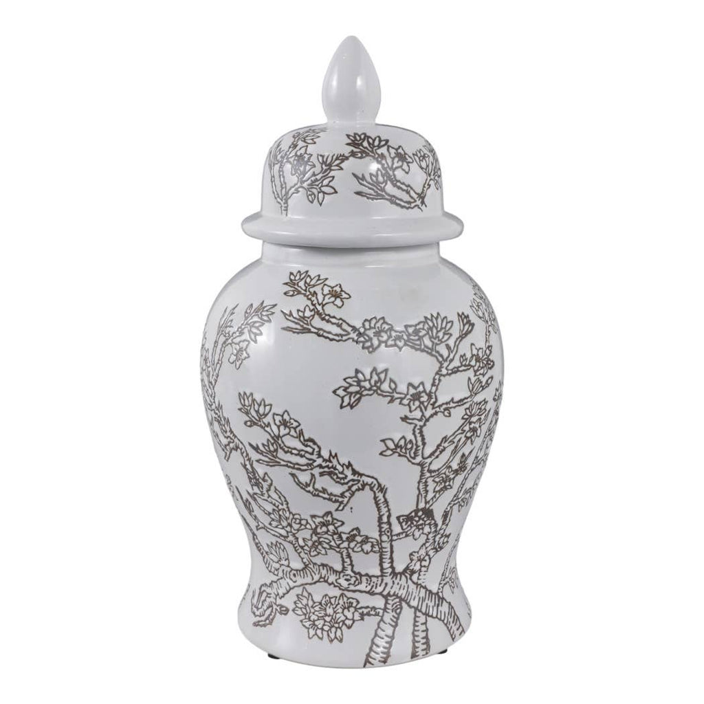 Temple Jar - White/Brown Ceramic Cherry Blossom, 15 in.
