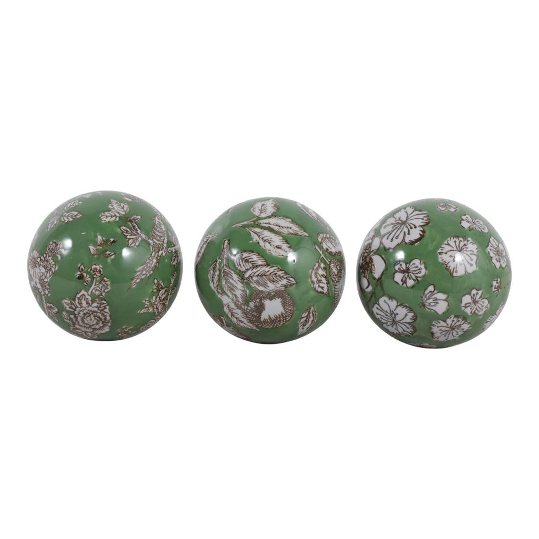 Objects Set of 3 - Green/White Ceramic Chinoiserie Orb, 5 in.