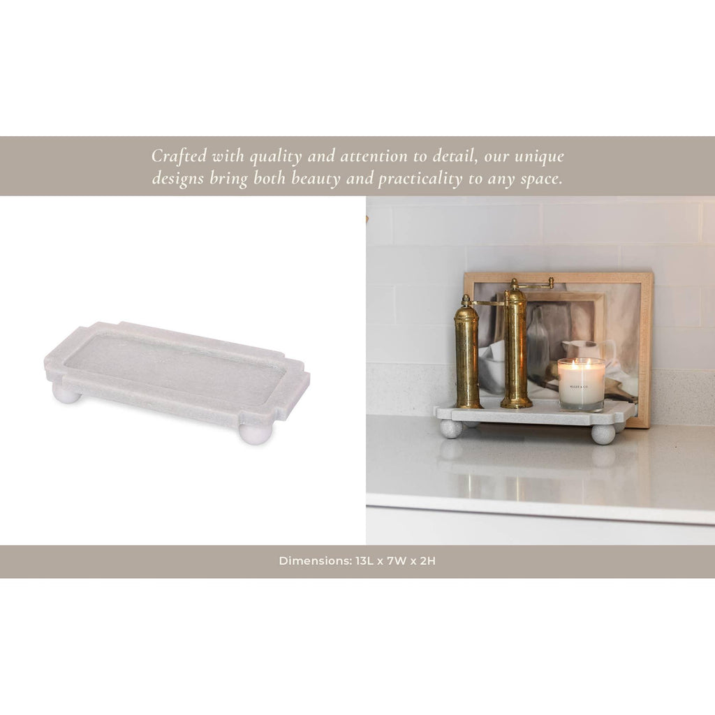 Decorative Tray - White Marble with Rounded Ball Feet, 13 in.