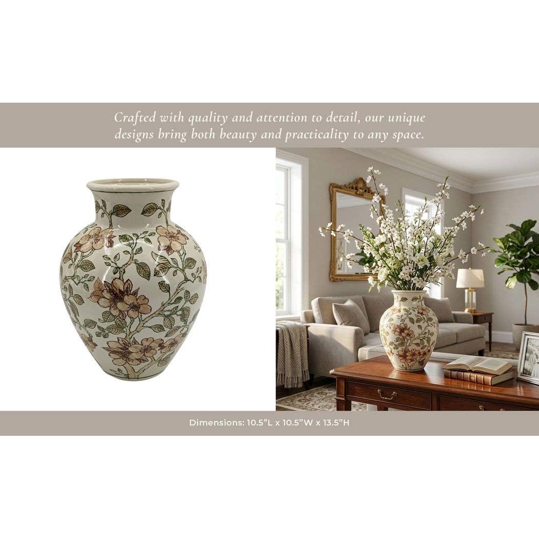 Brown and Green Cherry Blossom Ceramic Vase, 13.5 in.