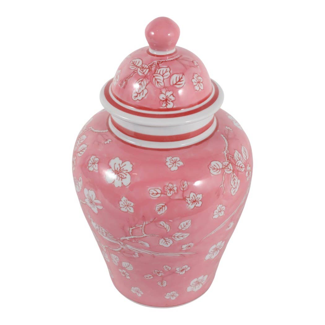 Decorative Jar - Pink/White Ceramic Floral Chinoiserie, 14 in.
