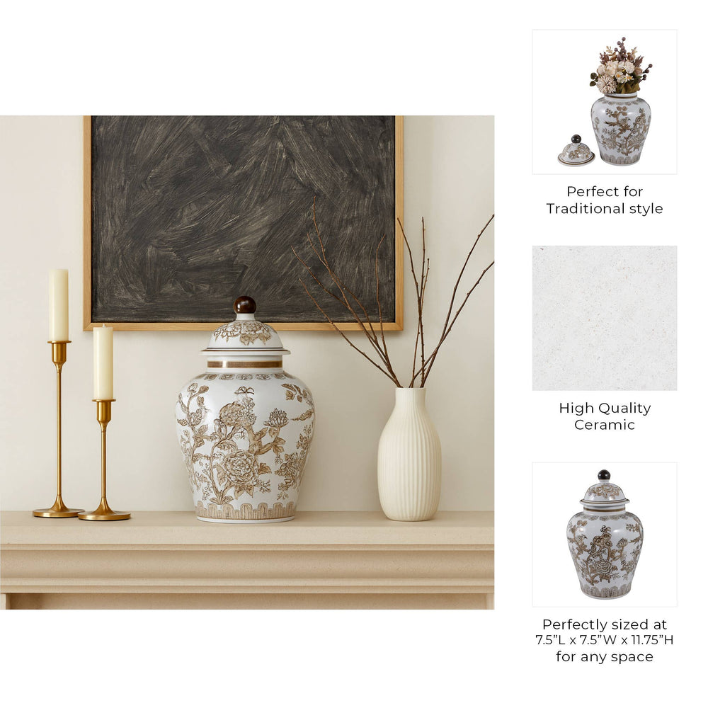Temple Jar - Brown/White Ceramic Chinoiserie Bird, 12 in.