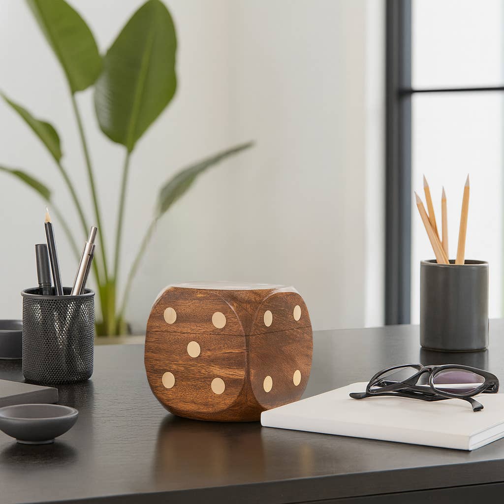 Box Game Set - Brown Mango Wood Dice-Shaped Storage, 4 in.