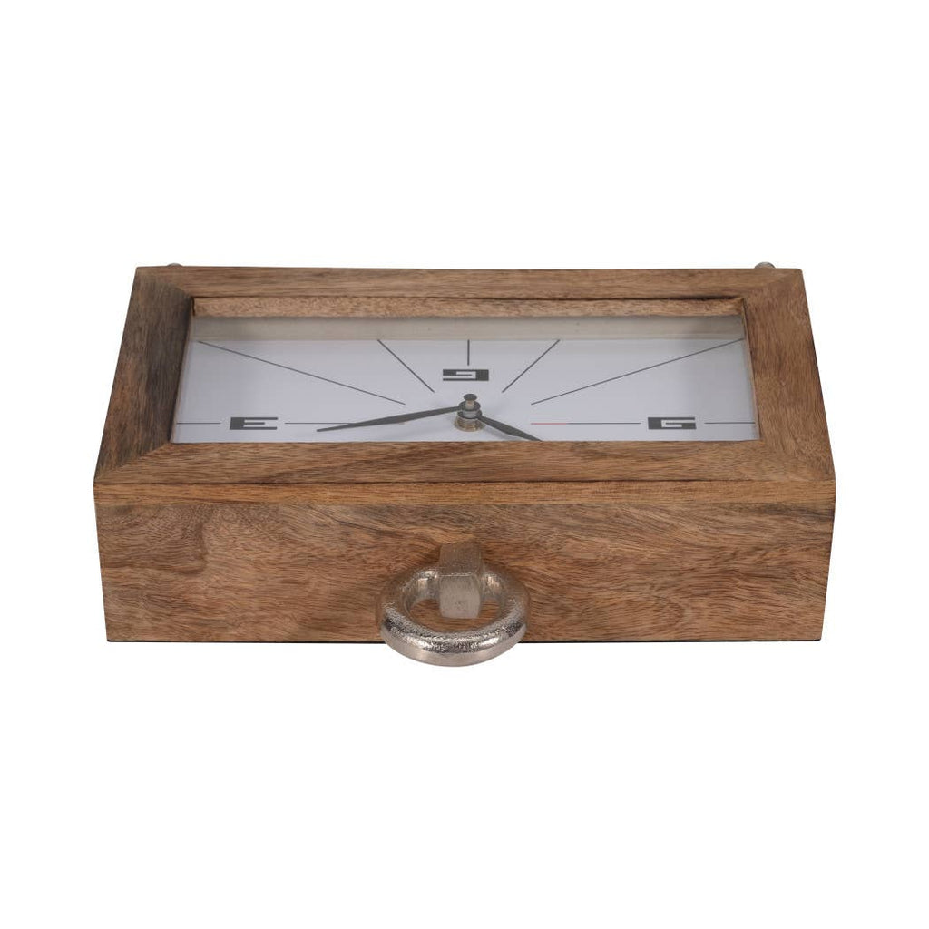 Table Clock - Brown Wood Rectangular with Ring, 10 in.