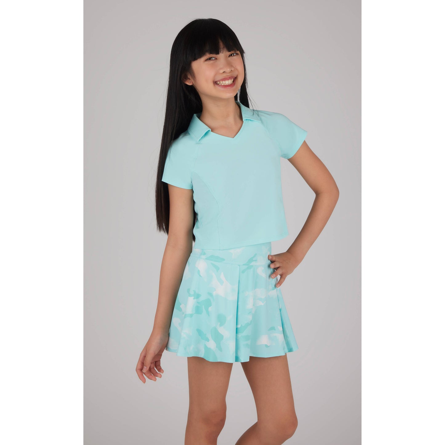 Girls V Neck Polo Top and Zip Skort Set