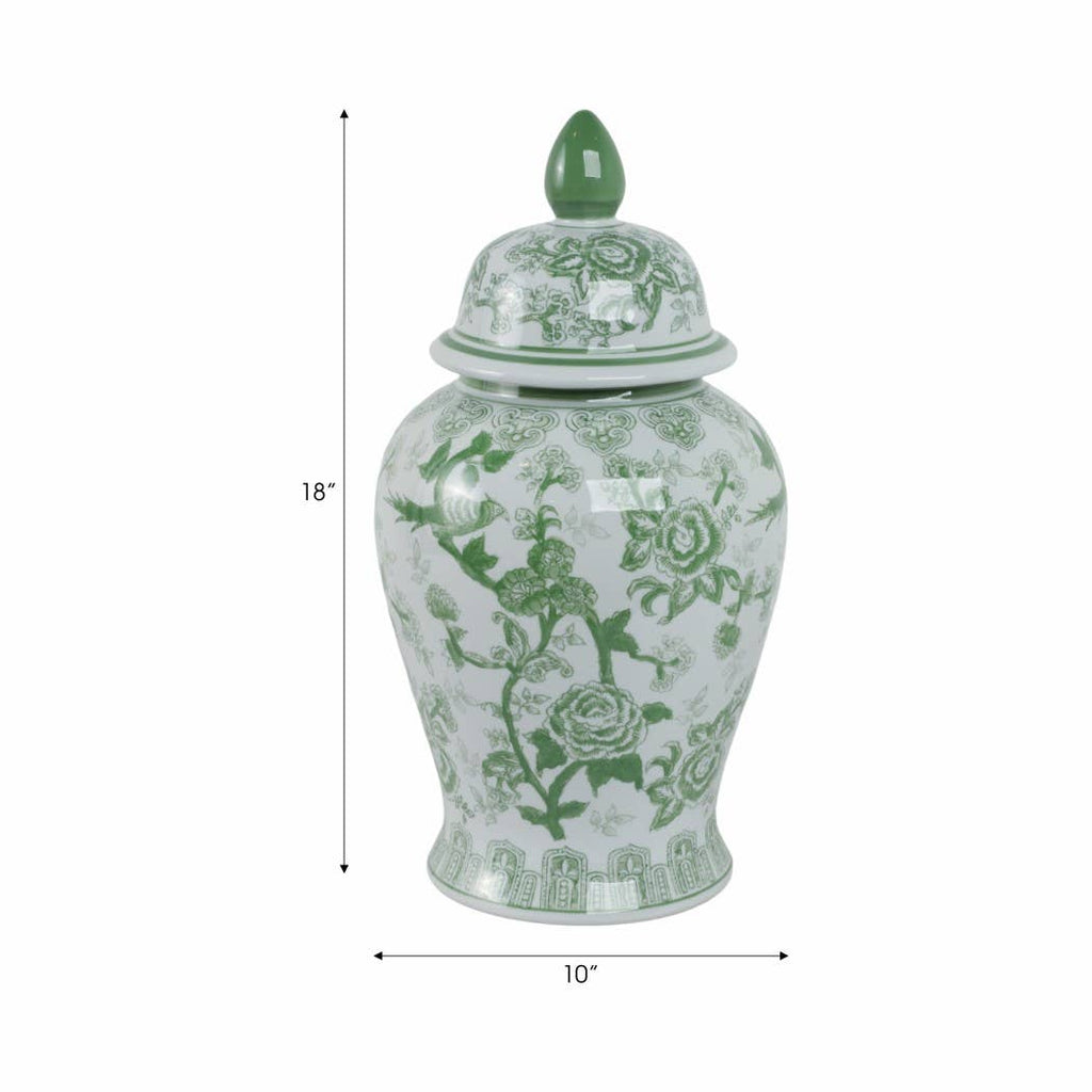 Green Tall Bird and Flower Ceramic Jar, 18 in.