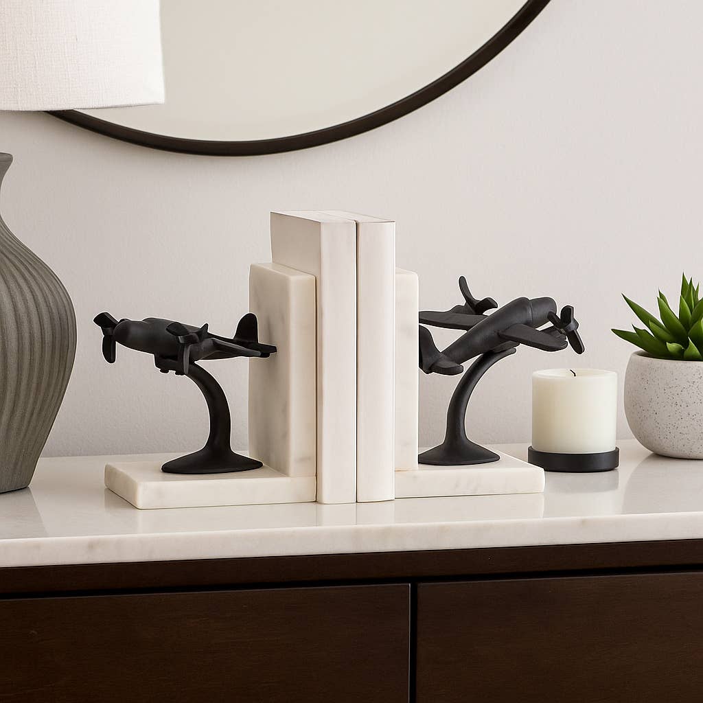 Bookends Set of 2 - Black/White Airplane on Marble, 6 in.