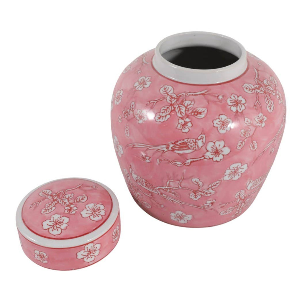 Decorative Jar - Pink Ceramic Chinoiserie with Lid, 10 in.