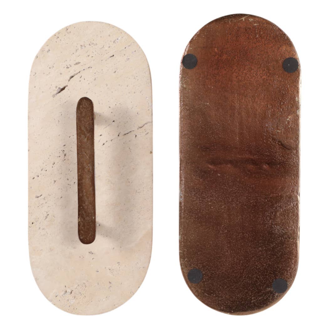Decorative Box - Tan/Bronze Travertine Oval with Lid, 12 in.